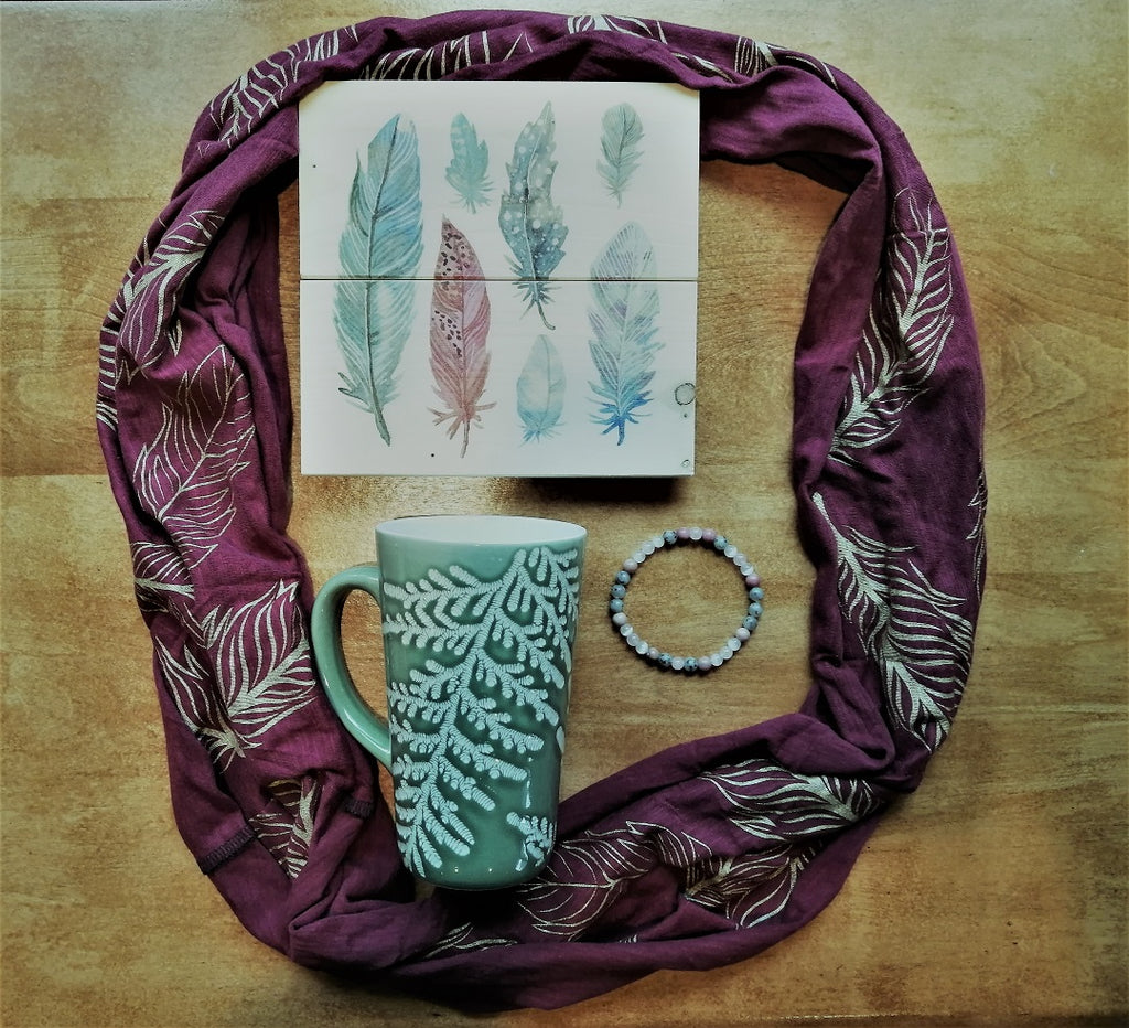 xoxo gift box by agbc green coffee mug, burgundy circle scarf feathers, feathers print on wood, healing bracelet heart remedy