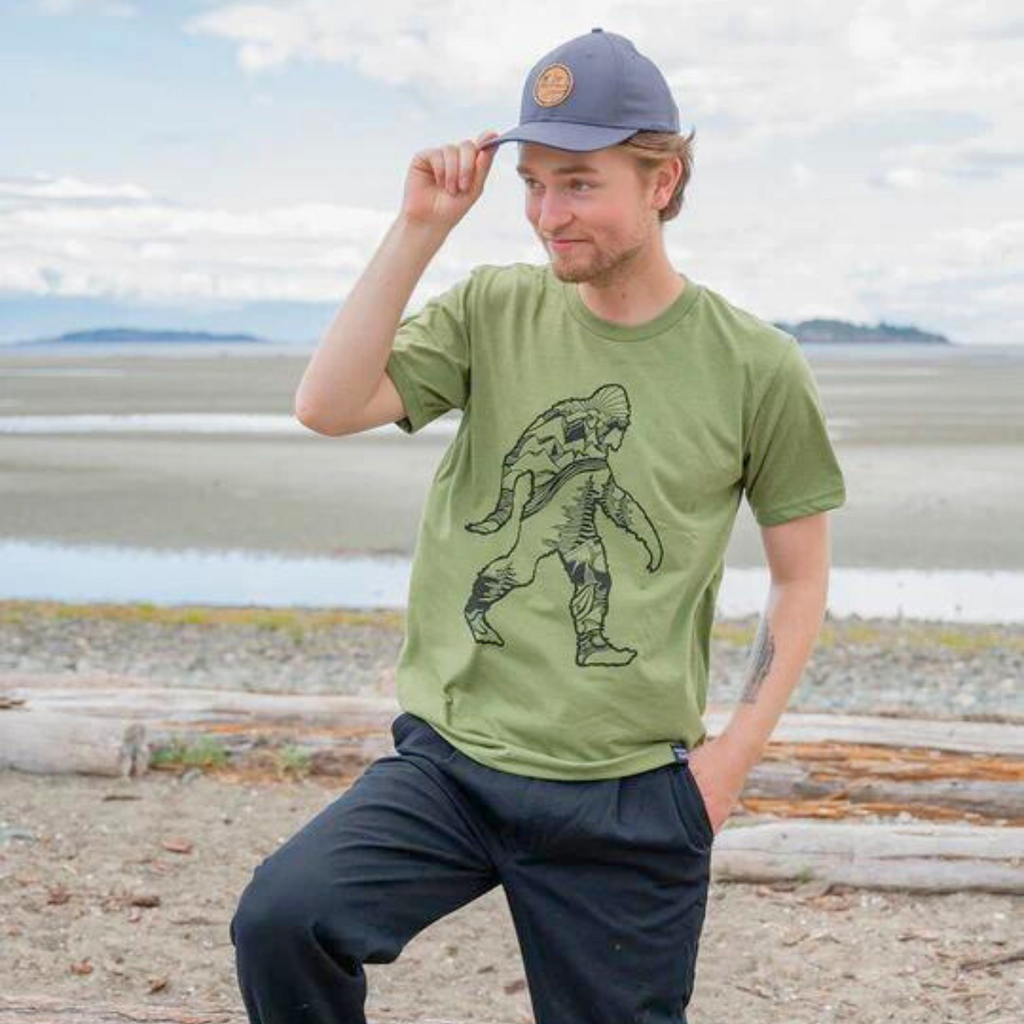 Men's T-Shirt - Big Sasquatch by Kindred Coast (Heather Army Green)-T-Shirt-Kindred Coast-[best gift for guys]-[unique mens tee bc themed]-[original mens unisex t-shirt made in canada]-All The Good Things From BC