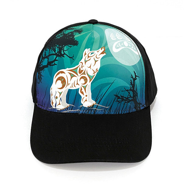 Adjustable Baseball Cap - Howling Wolf by Darrel Tusq'anum Thorne - Hat - Native Northwest Coast Salish - All The Good Things From BC - Black - Blue - Velcro - Moon