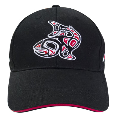 Adjustable Baseball Cap - Salmon by Jamie Sterritt - West Coast - Gitxsan - Indigenous Artist - Hat - Black - Red - Fish - Oscardo