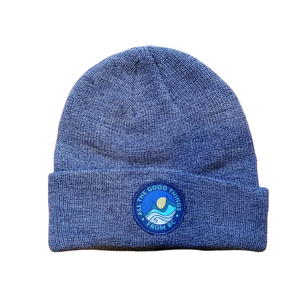 Grey beanie with a logo on a white background