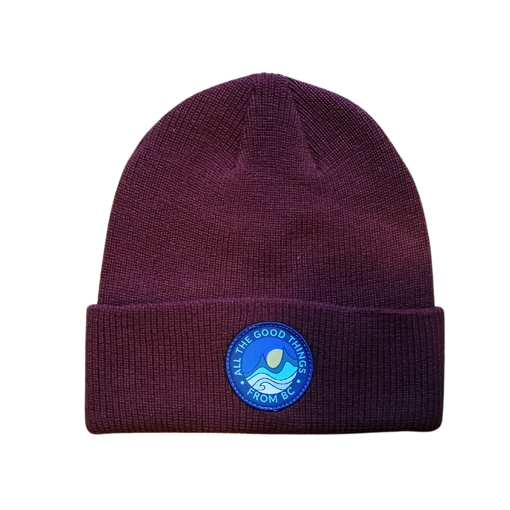 Rust beanie with a blue logo on a white background