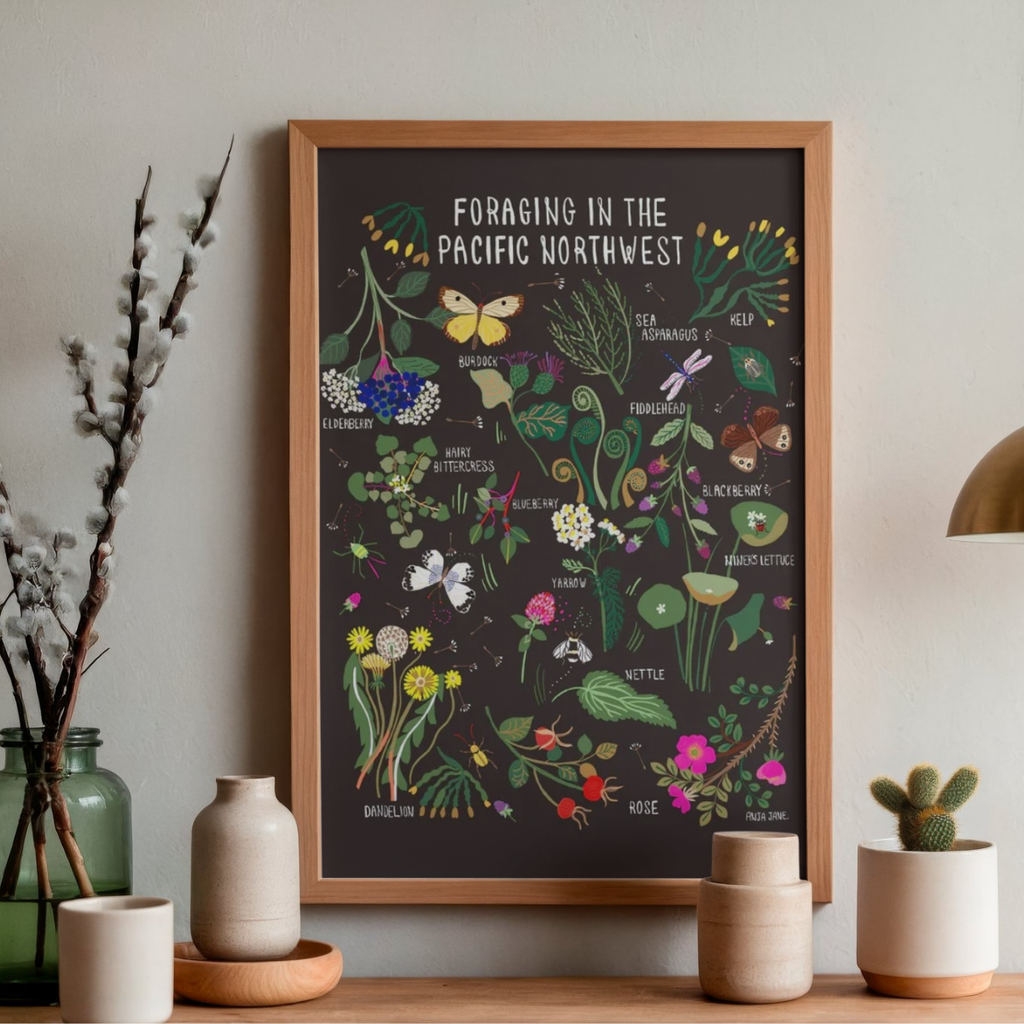 BC Wall Art Print - Foraging Plants in the Pacific Northwest by Anja Jane (Large Paper Art Print)-Paper Art Print-Anja Jane-[BC Wall Art Prints]-[BC artist prints]-[illustrated art print]-All The Good Things From BC