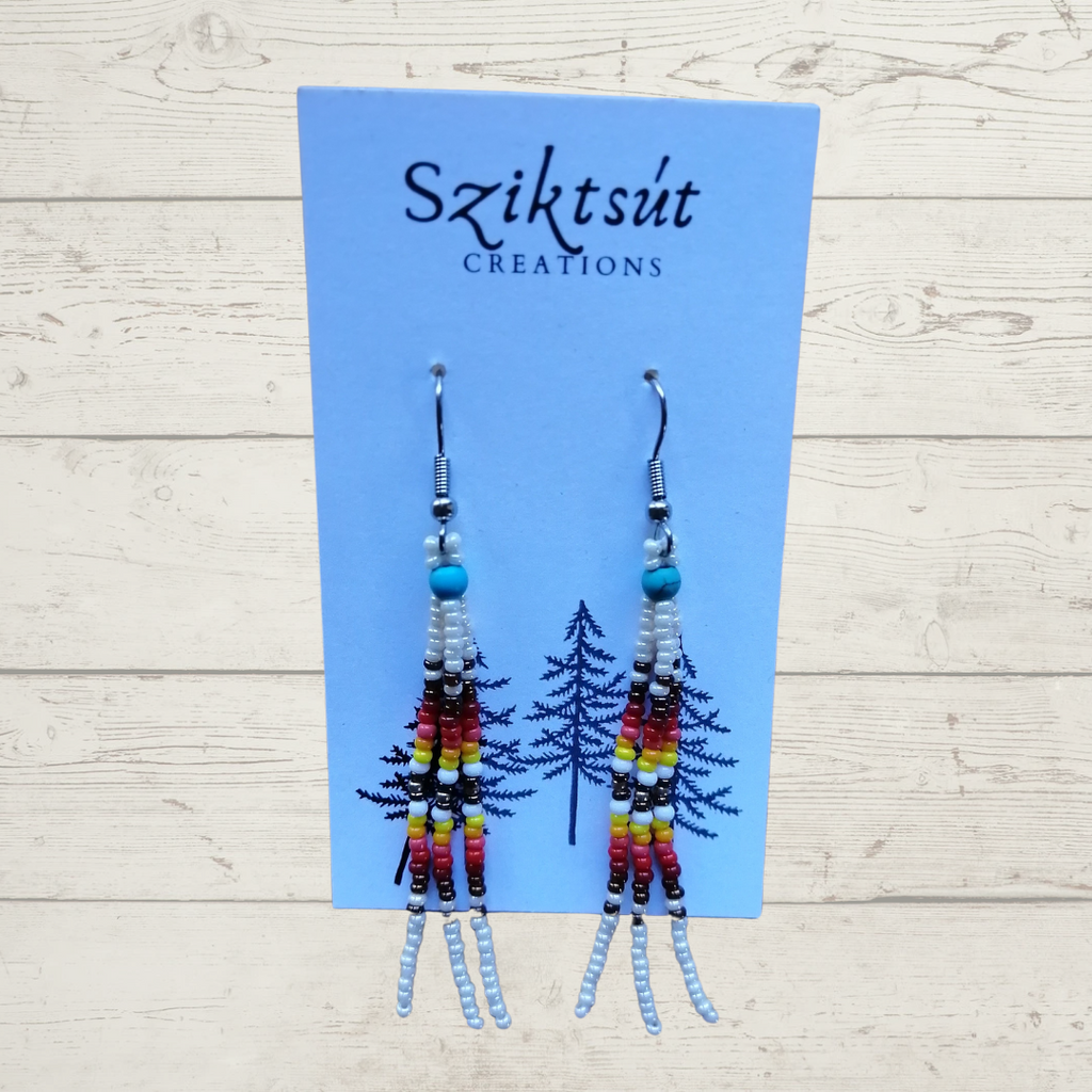 Beaded Dangle Earrings with Turquoise Bead and Beads in Medicine Wheel Colors in Ivory & Copper by Sziktsut Creations (Medium)