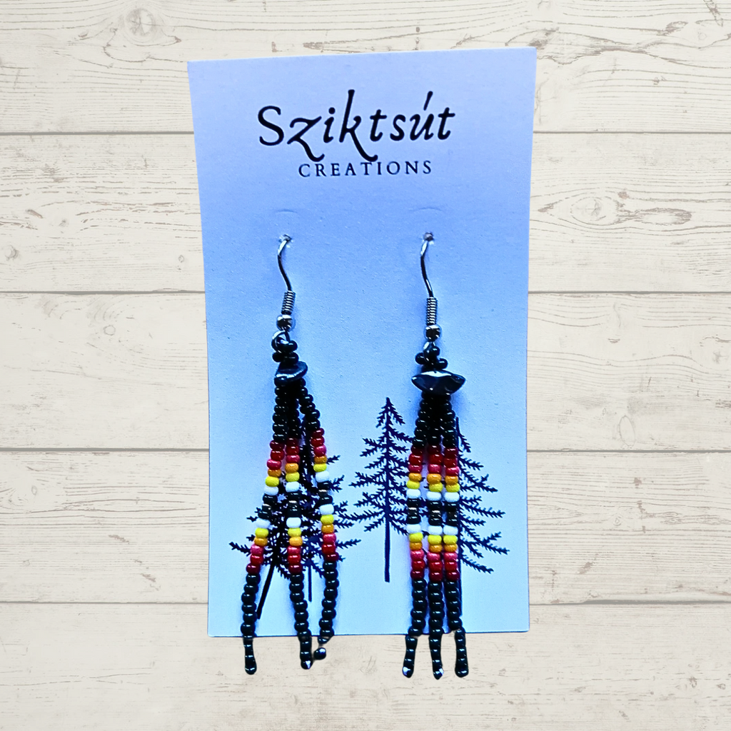 Beaded Dangle Earrings with Hematite Crystal and Beads in Medicine Wheel Colors in Emerald by Sziktsut Creations (Medium)