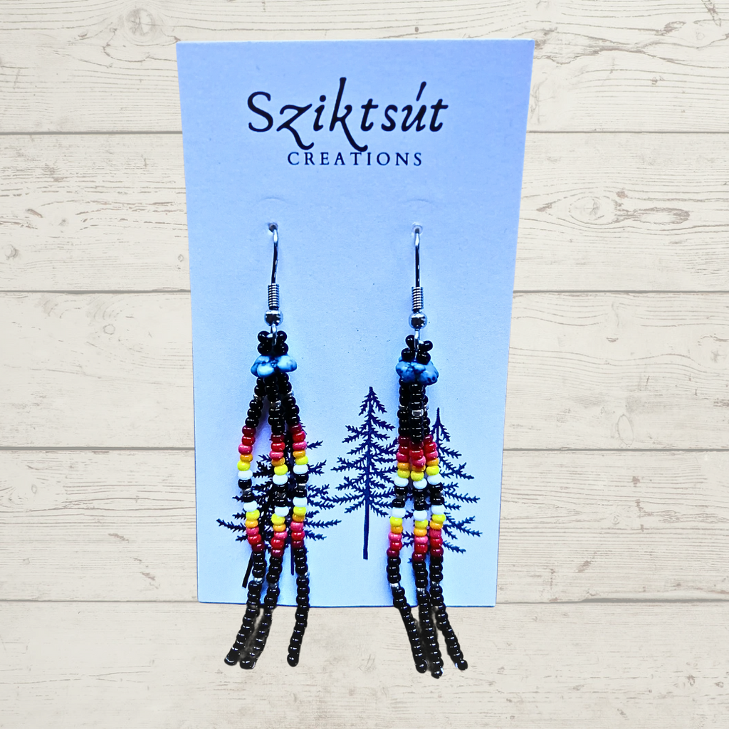 Beaded Dangle Earrings with Turquoise Bead and Beads in Medicine Wheel Colors in Black by Sziktsut Creations (Medium)