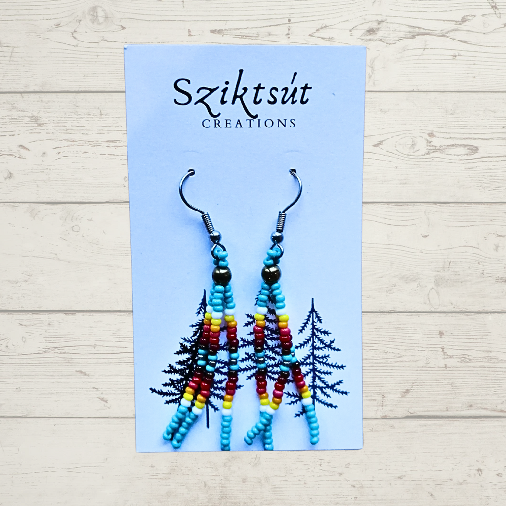 Beaded Dangle Earrings with Brass Bead in Medicine Wheel Colors in Bright Teal by Sziktsut Creations (Short)