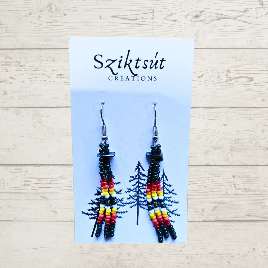 Beaded Dangle Earrings with Hematite Crystal in Medicine Wheel Colors in Emerald by Sziktsut Creations (Short)