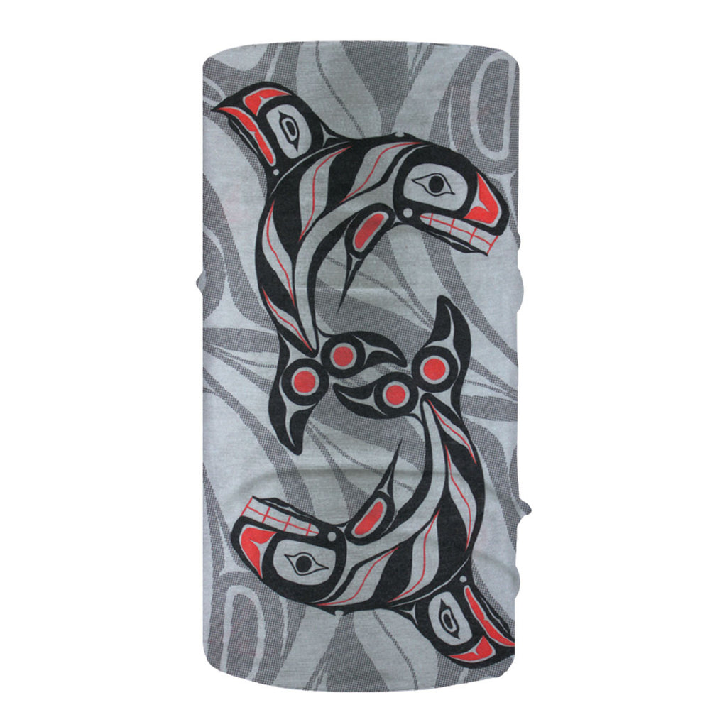 Buff - Raven Fin Killer Whale by Darrel Amos - Multiclava - Native Northwest - Authentic Indigenous Design - BC Artist - Neck Warmer - Neck Gaiter - Travellers - Gift - Grey - All The Good Things From BC