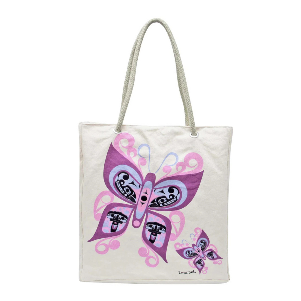 Canvas Tote Bag - Celebration of Life - Butterflies by Francis Dick - Oscardo - Kwakwaka’wakw - Indigenous Canada - reusable - Purple - Pink