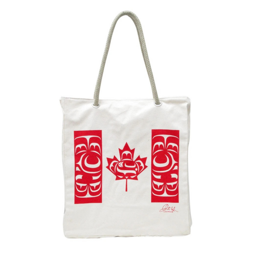 Canvas Tote Bag - Oscardo - Standing Together by Curtis Wilson - Canada - Kwakwaka’wakw - Indigenous - Maple Leaf - Red - Killer Whale - Salmon - Design - Art - Heritage - First Nations