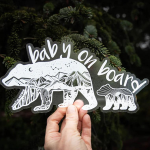  car decal hand held baby on board ilustrated momma bear and her cub
