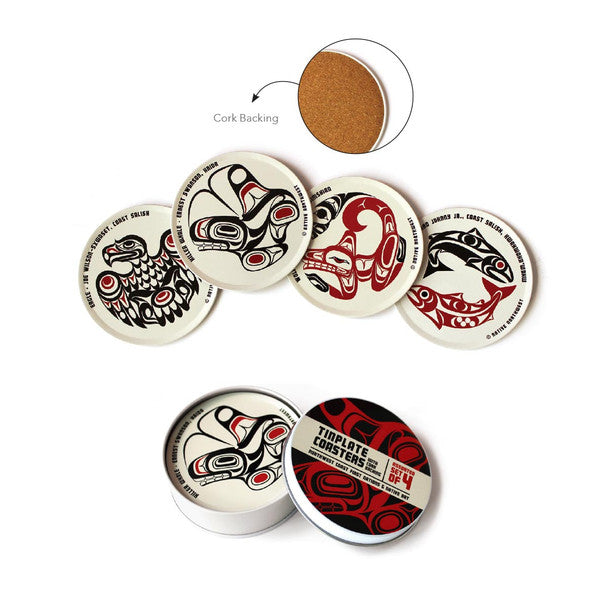 Tinplate Coaster - Assorted Set of 4 by VA Indigenous Artists (Black&Red, Cork-Backed)