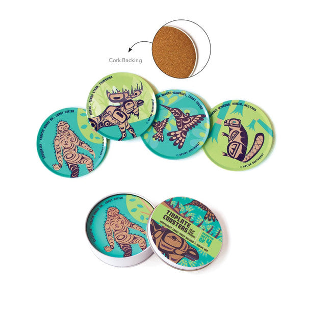 Tinplate Coaster - Assorted Set of 4 by VA Indigenous Artists (Purple & Green, Cork-Backed)