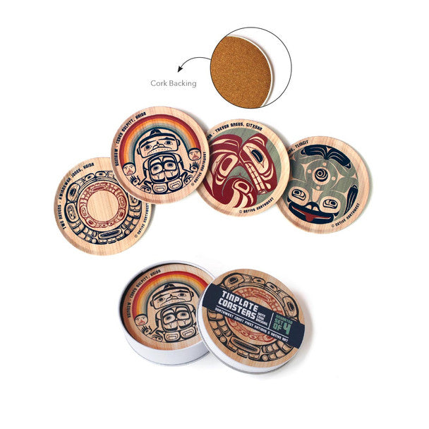 Tinplate Coaster - Assorted Set of 4 by VA Indigenous Artists (Wood Grain, Cork-Backed)