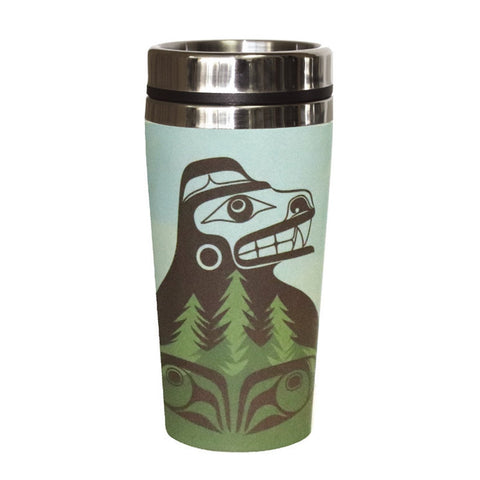 Coffee Travel Mug - Bear The Tree Hugger by Allan Weir-Travel Mug-Native Northwest-[travelling mug]-[authentic native design canada]-[insulated coffee tumblers]-All The Good Things From BC