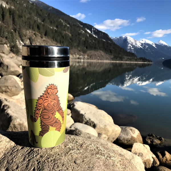 Coffee Travel Mug - Sasquatch by Francis Horne Sr.-Travel Mug-Native Northwest-[travelling mug]-[authentic native design canada]-[insulated coffee tumblers]-All The Good Things From BC
