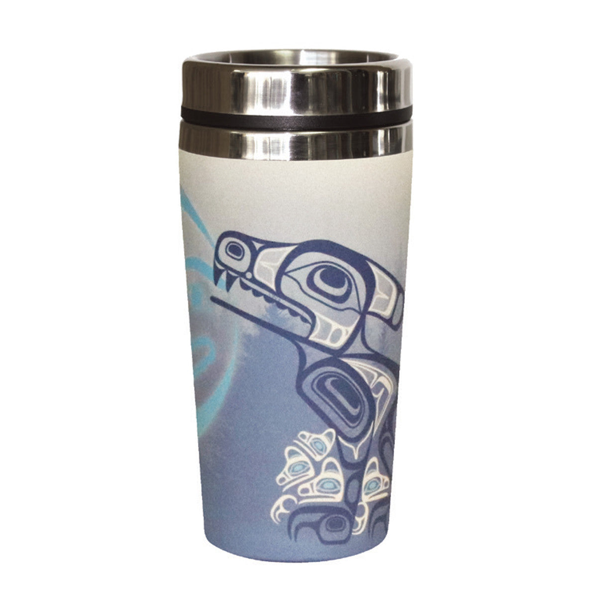Coffee Travel Mug - Wolf Family by Corey Bulpitt (Ta’kiid Aayaa)-Travel Mug-Native Northwest-[travelling mug]-[authentic native design canada]-[insulated coffee tumblers]-All The Good Things From BC