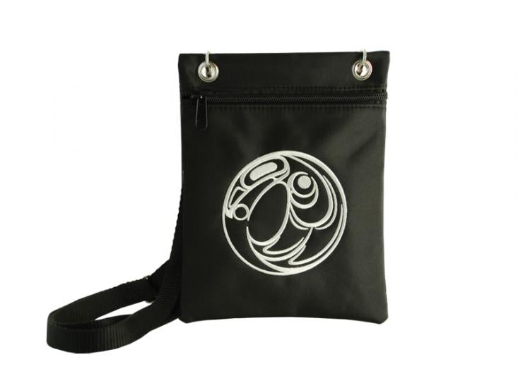 Crossbody Bag - Raven by Connie Dickens - Ts'msyen - women - ladies - leather - passport - pouch - northwest coast - black - zipper - All The Good Things from BC