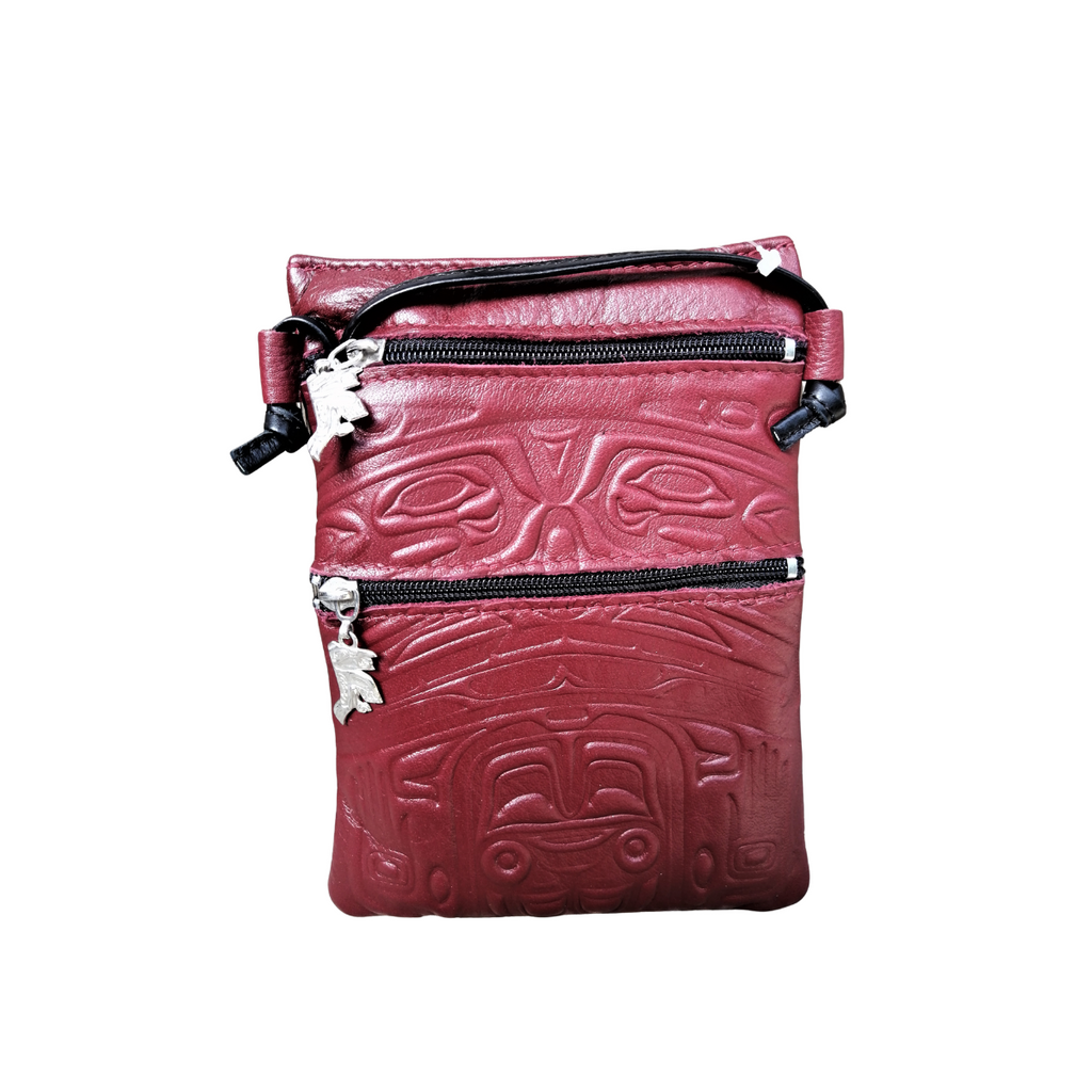 Crossbody Bag - Bear Box by Clifton Fred - Tlingit - Panabo - leather - red - zipper - strap - canvas - passport - cards Northwest coast - womens - All The Good Things From BC