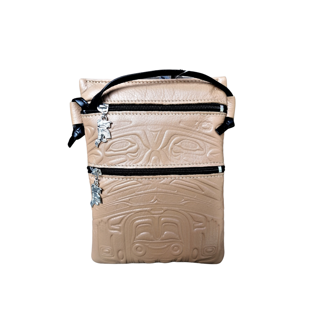 Crossbody Bag - Bear Box by Clifton Fred - Tlingit - Panabo - leather - saddle - zipper - strap - canvas - Northwest coast - All The Good Things From BC