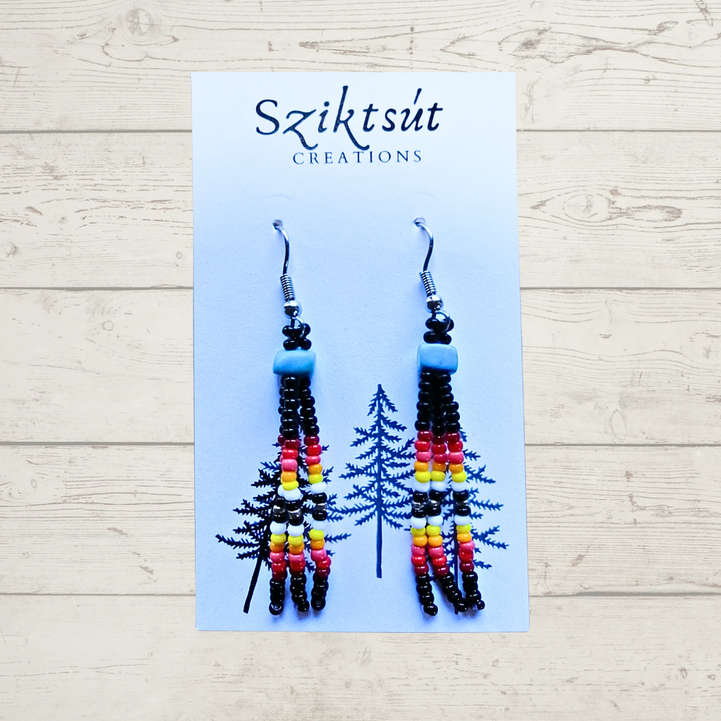 Beaded Dangle Earrings with Turquoise Bead in Medicine Wheel Colors in Black by Sziktsut Creations (Short)