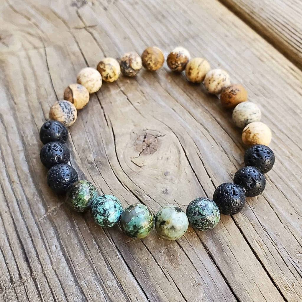 Multicolored beaded bracelet on a wooden surface