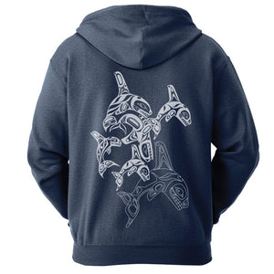 Hoodie - Zip-up - Unisex - Orca Family by Paul Windsor (Navy Blue)