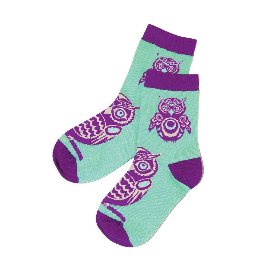 Teal socks with purple accents and owl designs on a white background
