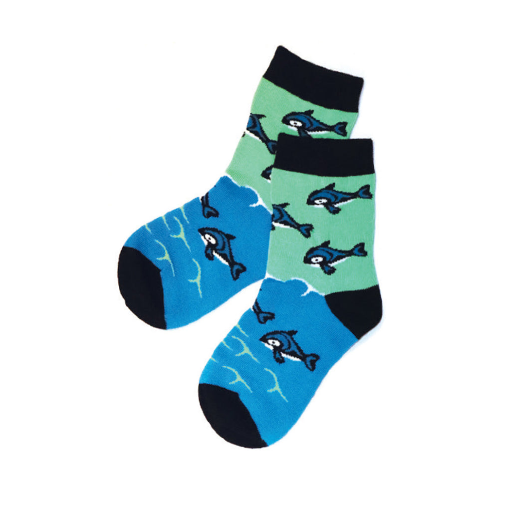 Pair of socks with shark pattern on a white background