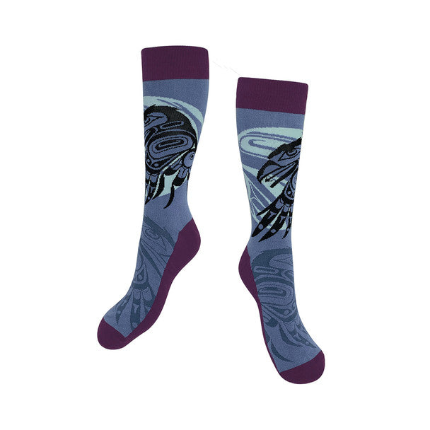Pair of socks with a design on a white background