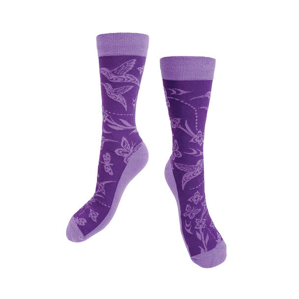 Purple socks with butterfly pattern on a white background
