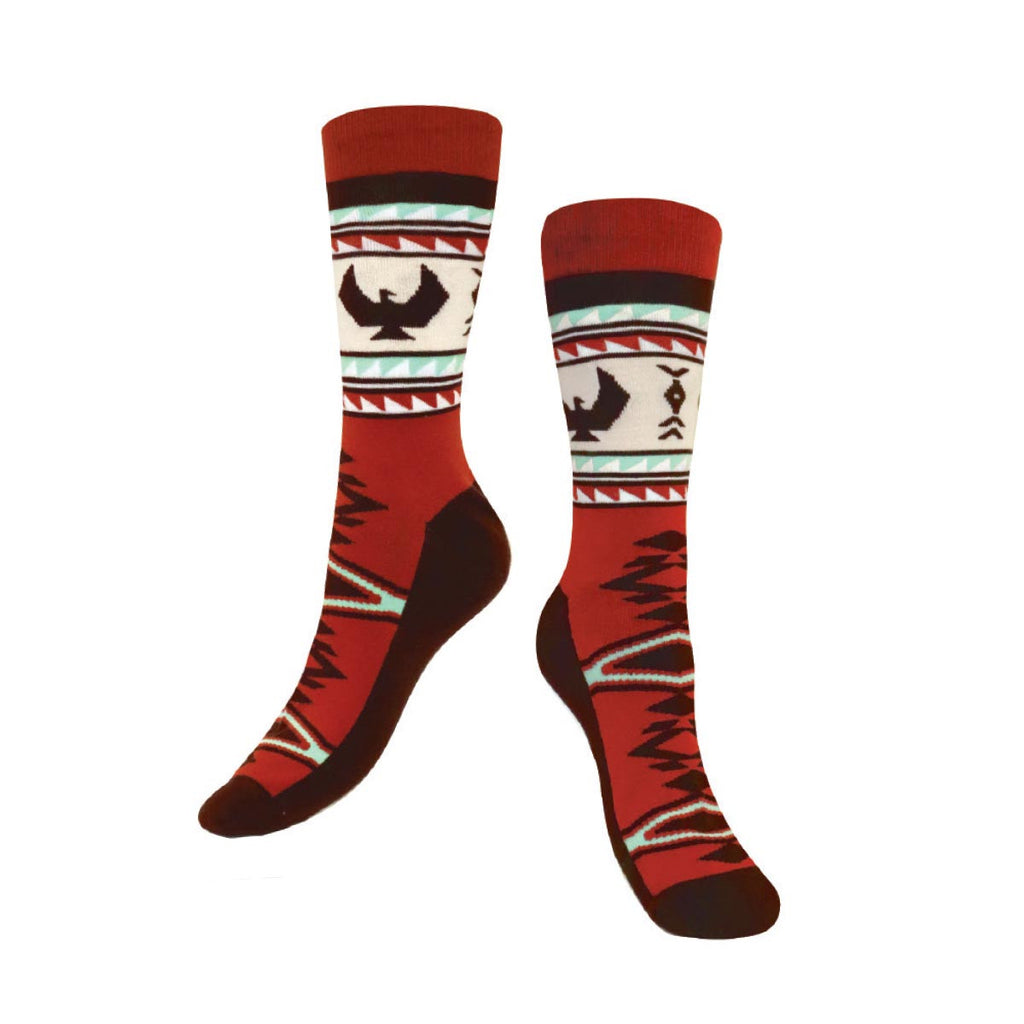 Red and brown patterned socks on a white background