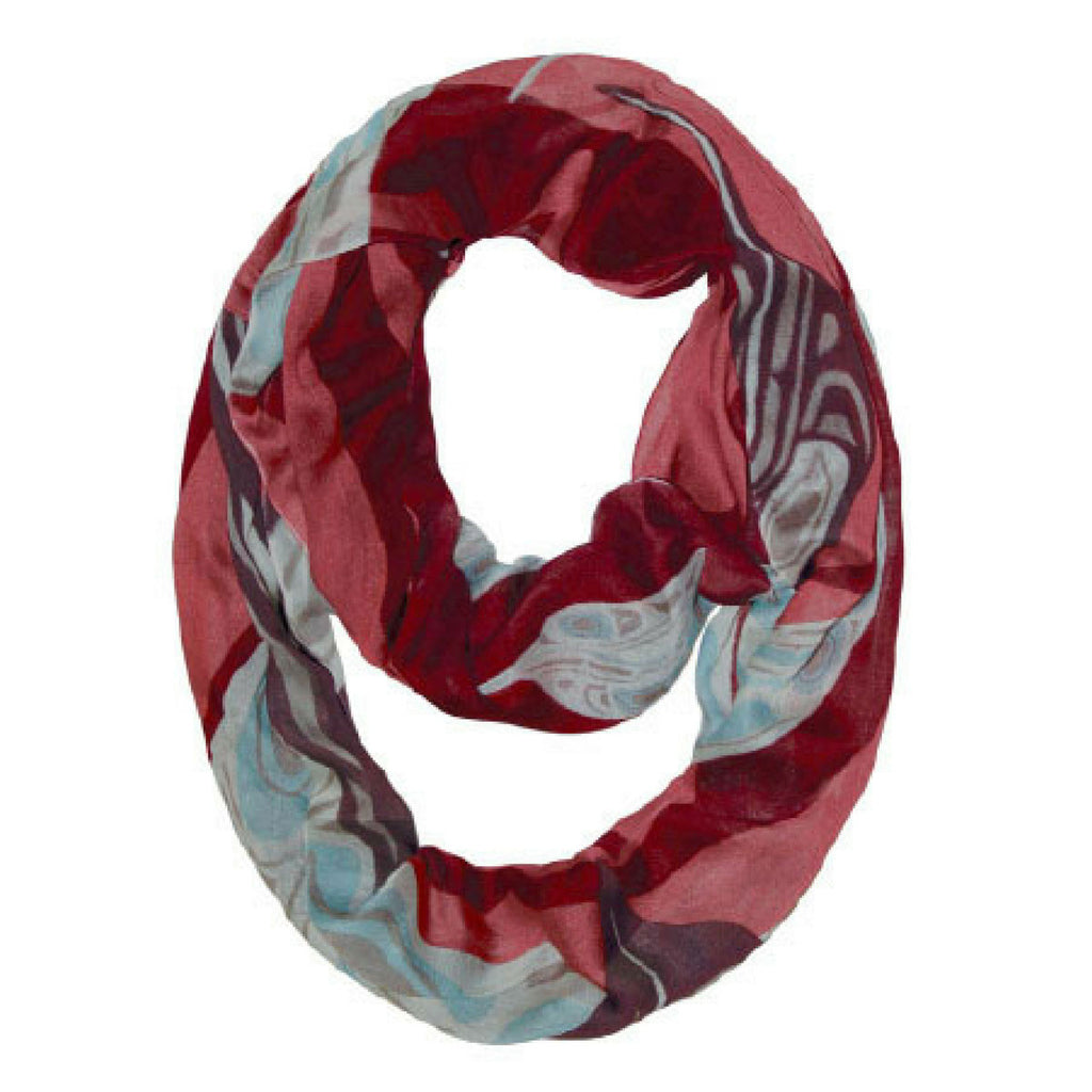 Infinity Scarf - Raven Feathers by Trevor Angus  - scarves - Native Northwest - Gitxsan - females - women - ladies - native - indigenous - red - bamboo - All The Good Things From BC