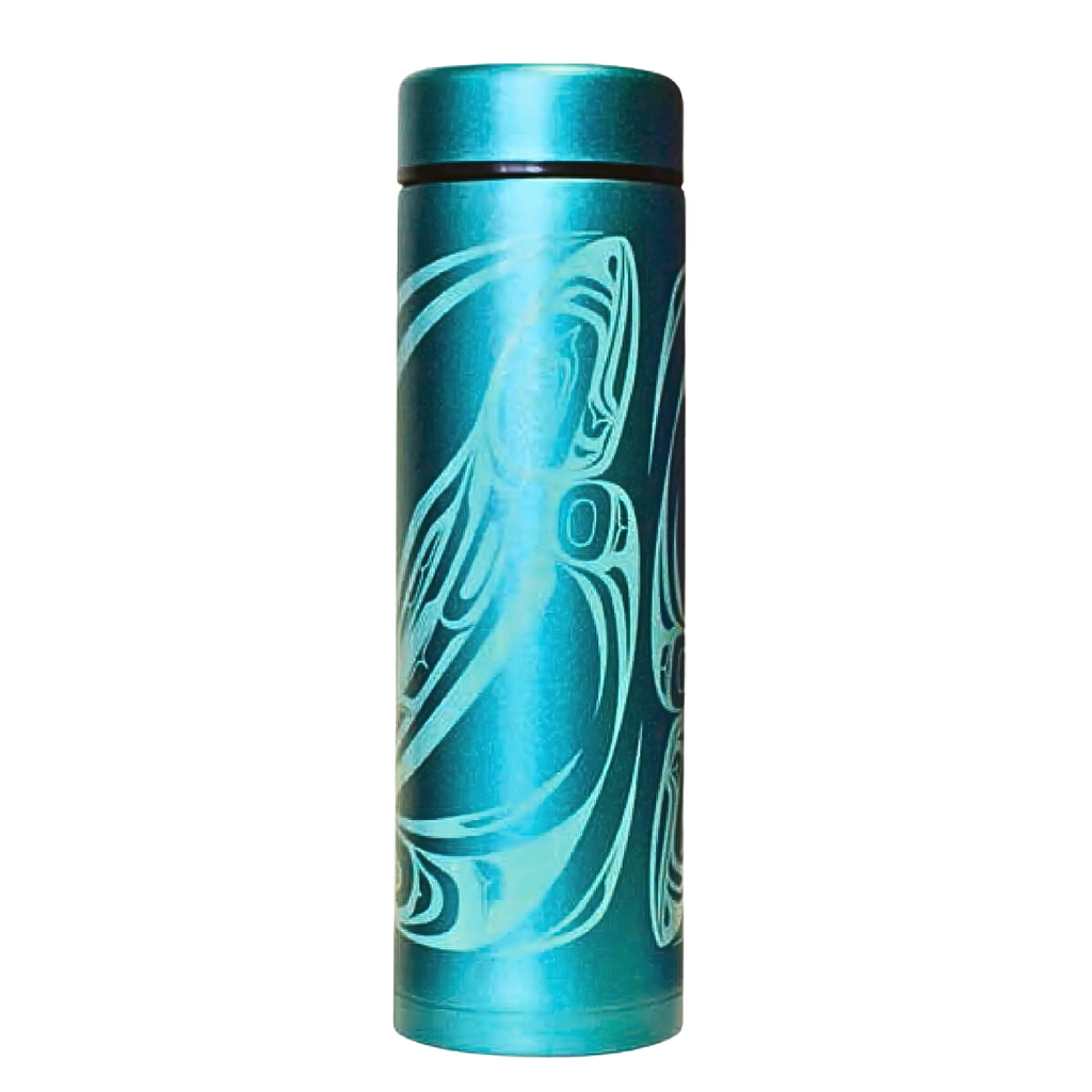 Insulated Tumbler with Lid & Strainer 17 oz - Salmon by Trevor Angus-Tumbler-Native Northwest-[travelling mug]-[authentic native design canada]-[insulated coffee tumblers]-All The Good Things From BC