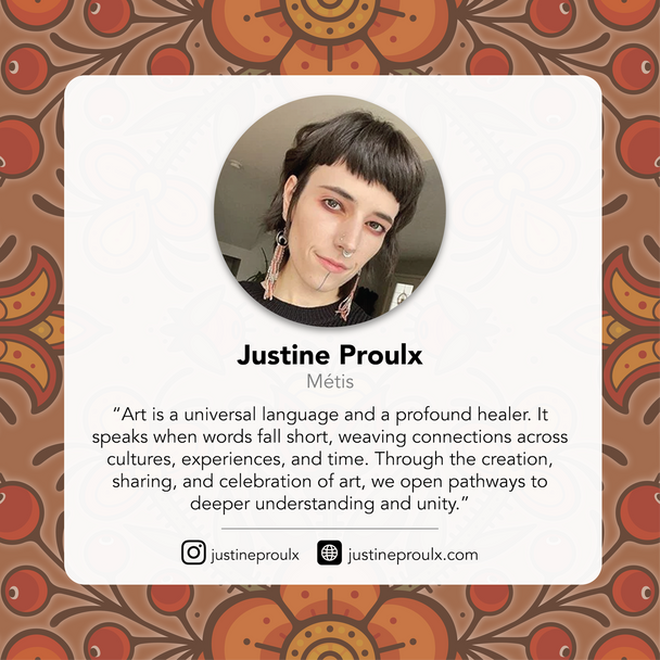Justine Proulx, Metis Indigenous artist profile featuring artist statement and social media
