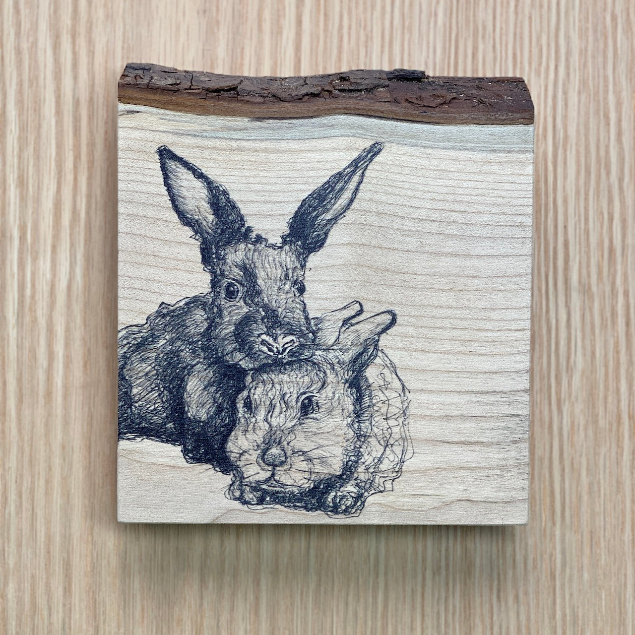Live Edge Wood Wall Art Print - Bunnies by Michaela Ivancova Art (Small)