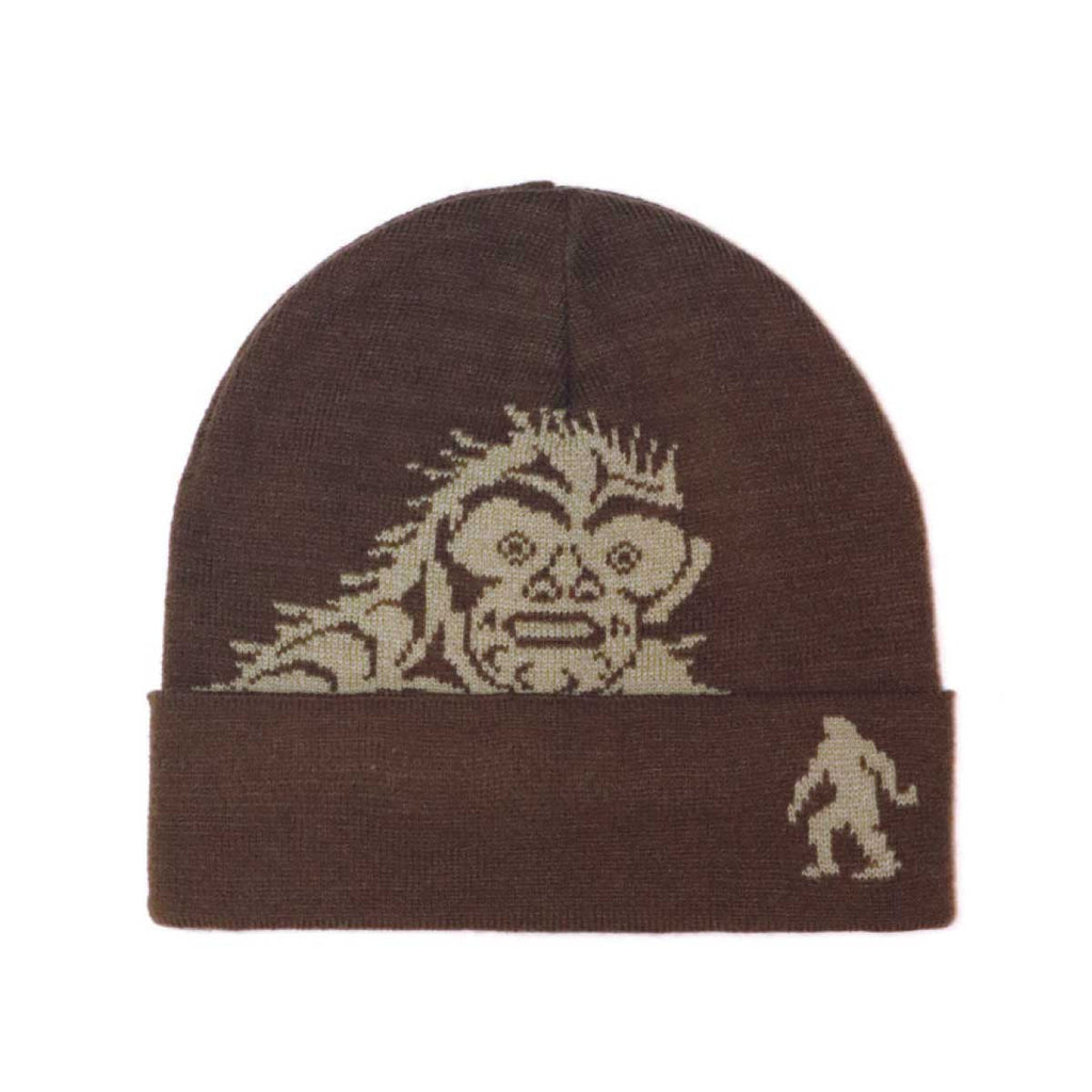 Brown beanie with a Sasquatch Big Foot design on a white background