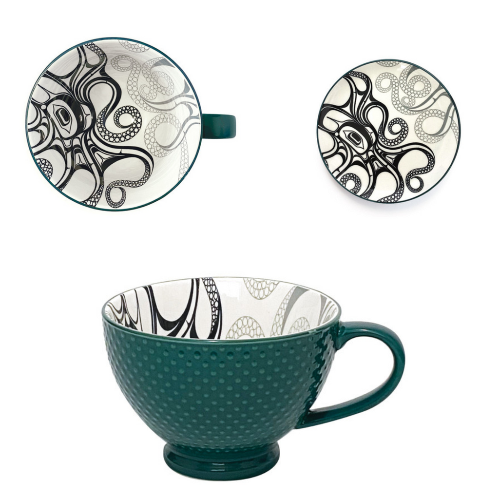 Porcelain Coffee Mug & Plate Set - Octopus (Nuu) by Ernest Swanson (Stlaay hlang'laas)-Native Northwest-[best gift from bc cnada]-[best coffee mugs]-[perfect employee gift]-All The Good Things From BC