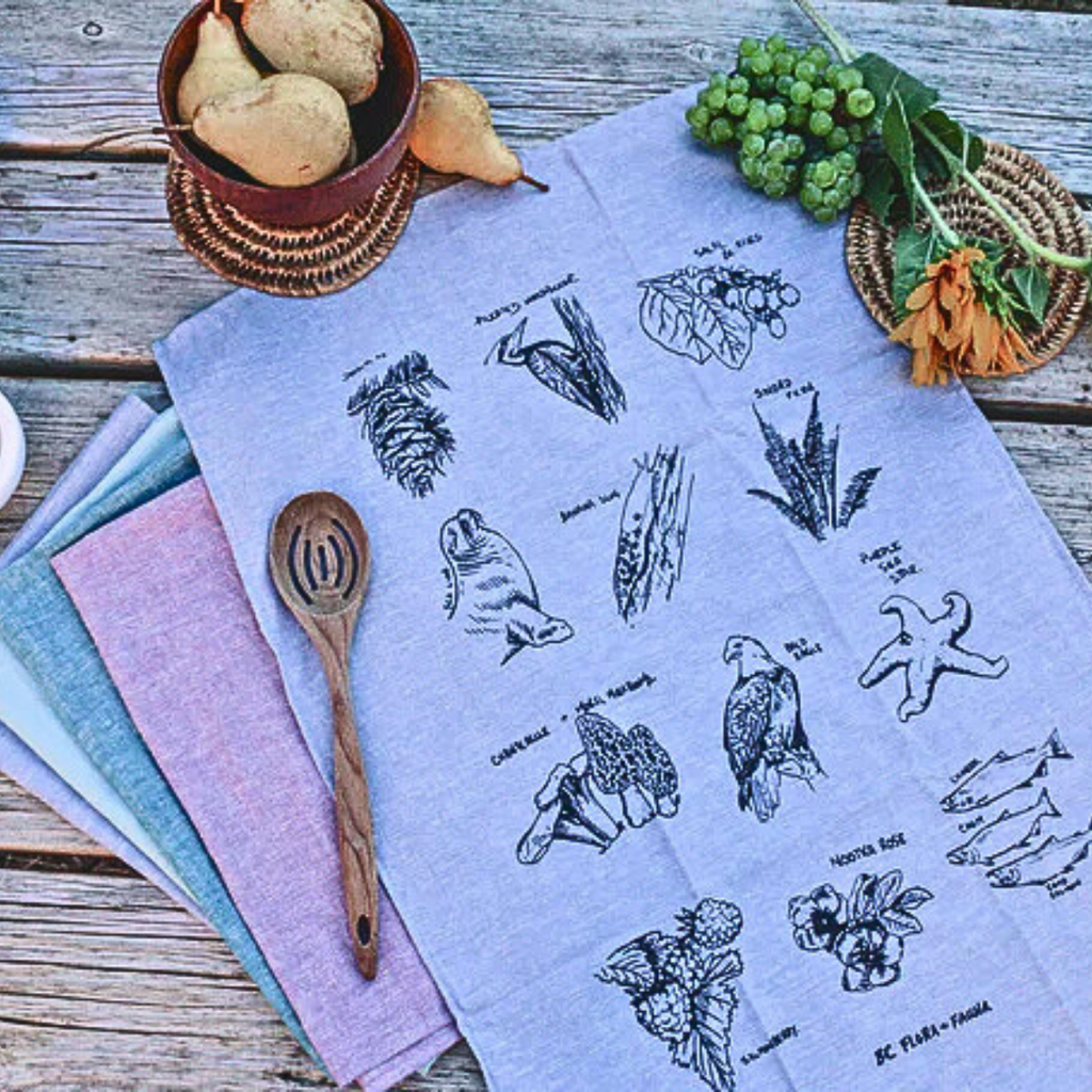 Printed Tea Towel - BC Flora & Fauna by Kindred Coast (Cloud Blue)-Kitchen Towel-Kindred Coast-[made in canada]-[organic cotton hemp tea towel]-[best gift idea British Columbia]-All The Good Things From BC