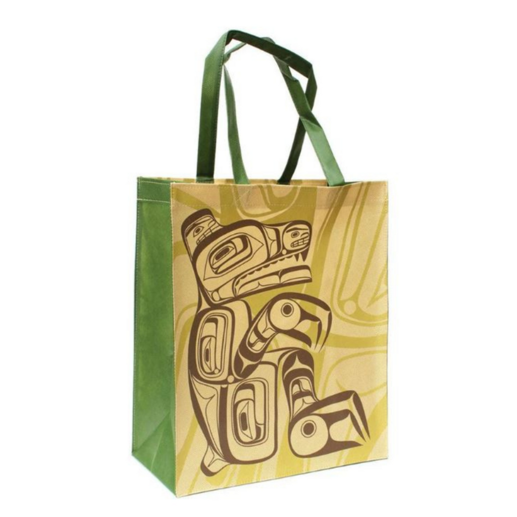 Reusable Shopping Bag - Large - Bear by Corey Bulpitt - Ta’kiid Aayaa - All The Good Things From BC - Foldable - Green - Yellow - Haida - recycled materials - eco-friendly