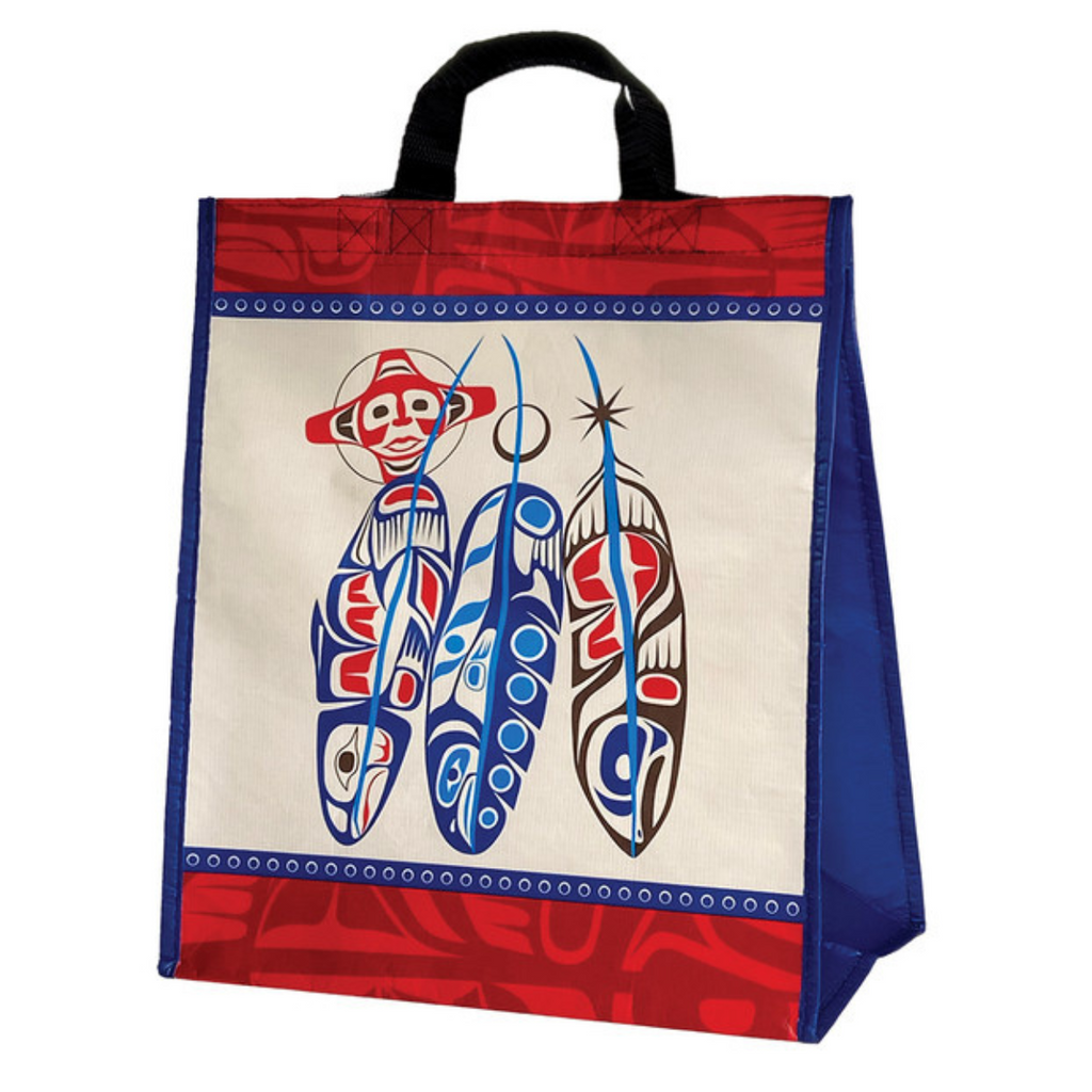 Reusable Shopping Bag - Large - Salmon Life Cycle by Paul Windsor - Feathers - Haisla - Heiltsuk - Native Northwest - Indigenous - Blue - Red