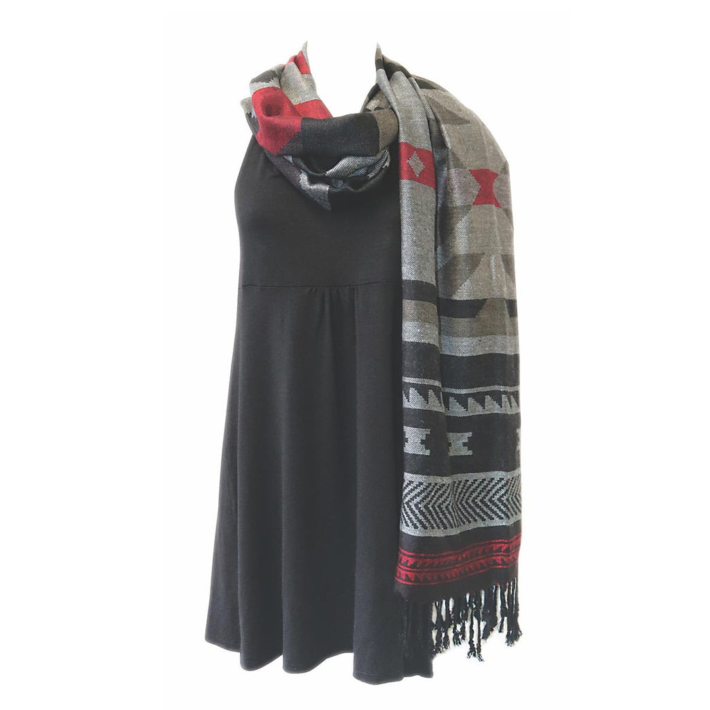 Shawl - Visions Of Our Ancestors by Leila Stogan (Black&Red)-Shawl-Native Northwest-[female scarves]-[fashion women scarves canada]-[native indigenous design bc canada]-All The Good Things From BC
