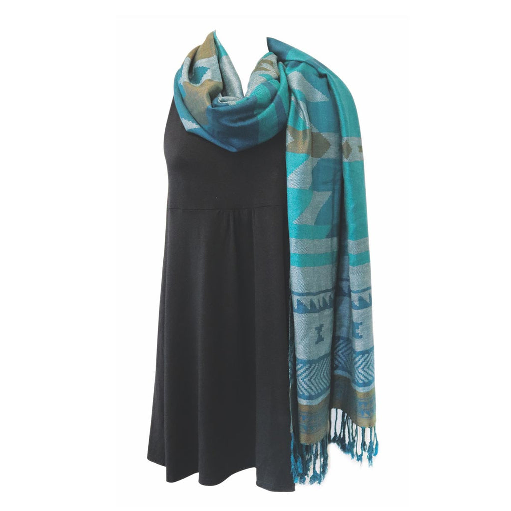 Shawl - Visions of Our Ancestors by Leila Stogan (Teal)-Shawl-Native Northwest-[female scarves]-[fashion women scarves canada]-[native indigenous design bc canada]-All The Good Things From BC