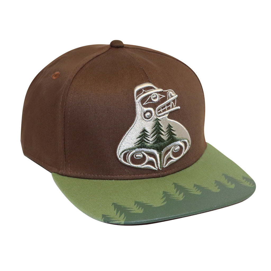 Snap Back Hat - Cap - Bear The Tree Hugger by Allan Weir - Native Northwest Native Design - Northwest Coast - Haida - Brown - Green - Forest - All The Good Things From BC