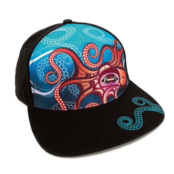 Snap Back Hat - Octopus by Ernest Swanson - Nuu - Stlaay hlang'laas - Cap - Native Northwest - Haida - Arist - All The Good Things From BC - Black - Blue - Red - Orange