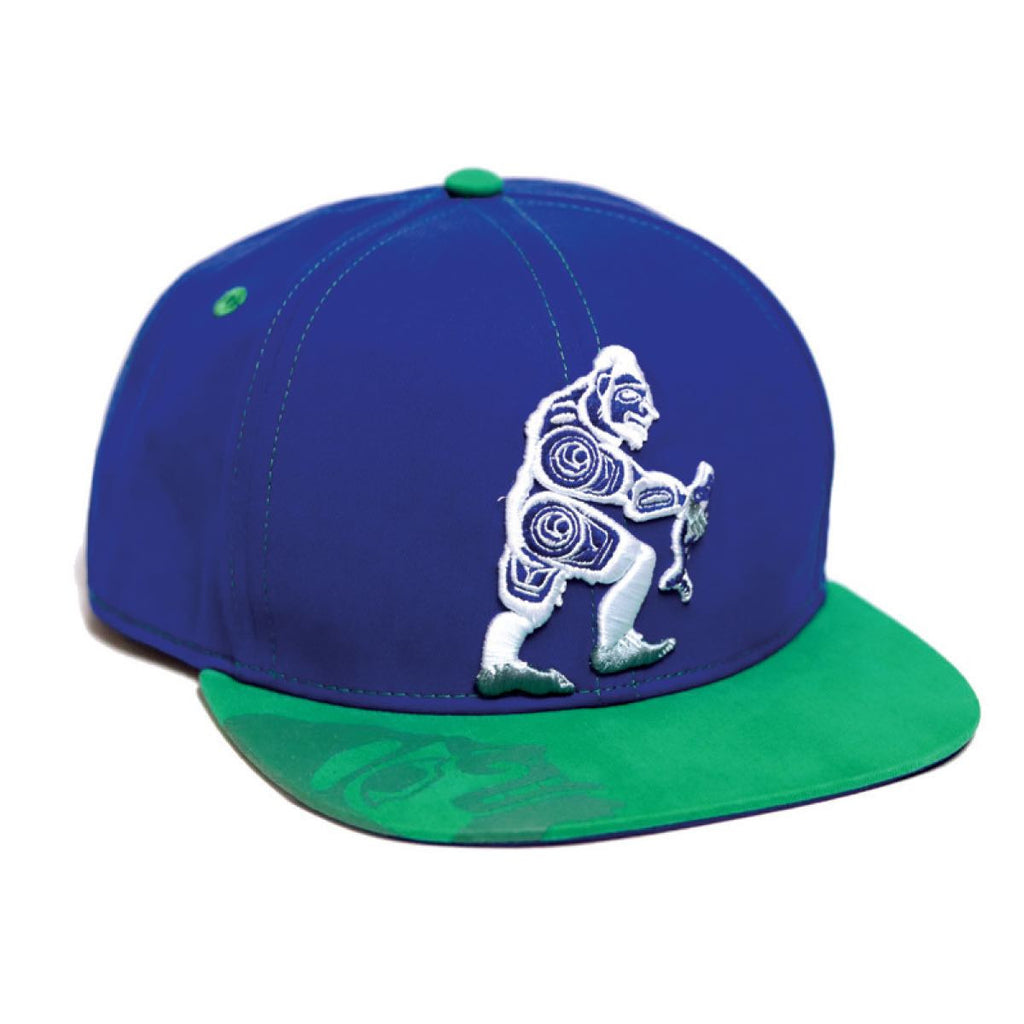 Snap Back Hat - Spirit Sasquatch by Colby Gates - Cap - Native Northwest - Native Design - Haida - Big Foot - Blue - Green - All The Good Things From BC