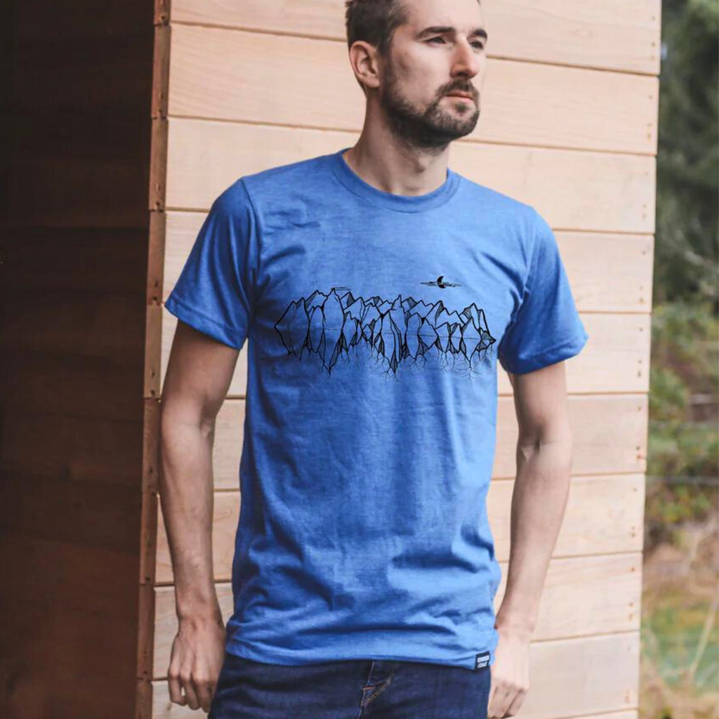 Men's T-Shirt - Mountain Roots by Kindred Coast (Heather Blue)-T-Shirt-Kindred Coast-[best gift for guys]-[unique mens tee bc themed]-[original mens unisex t-shirt made in canada]-All The Good Things From BC