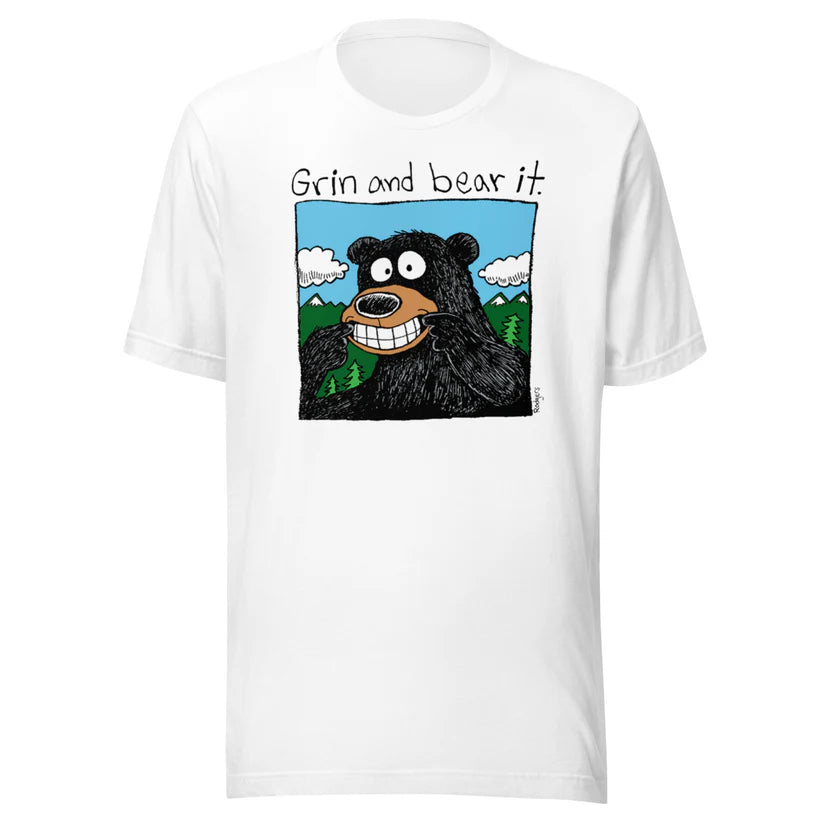 BC T-Shirt - "Grin & Bear It" by Glenn Rodgers (Men's/Unisex, White)