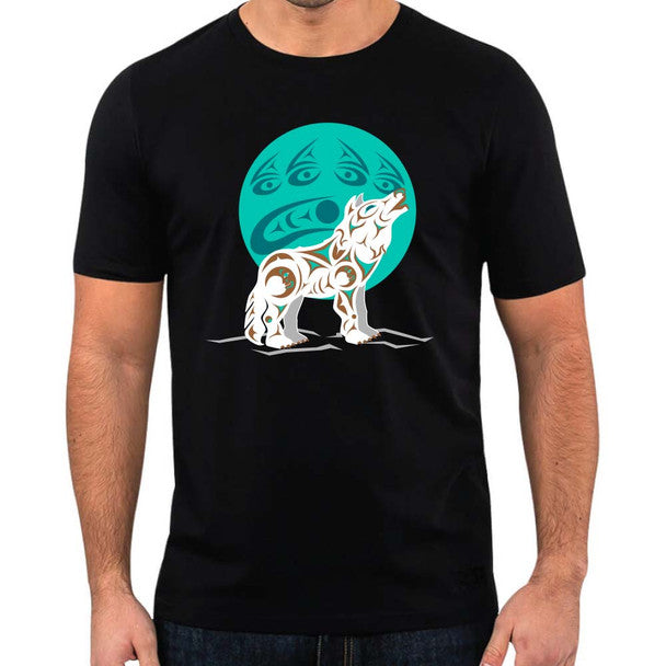 Men's T-Shirt - Howling Wolf by Darrell Tusq'anum Thorne-T-Shirt-Native Northwest-[cool mens tees]-[best cotton t-shirts for men]-[native artist designed t-shirt]-All The Good Things From BC
